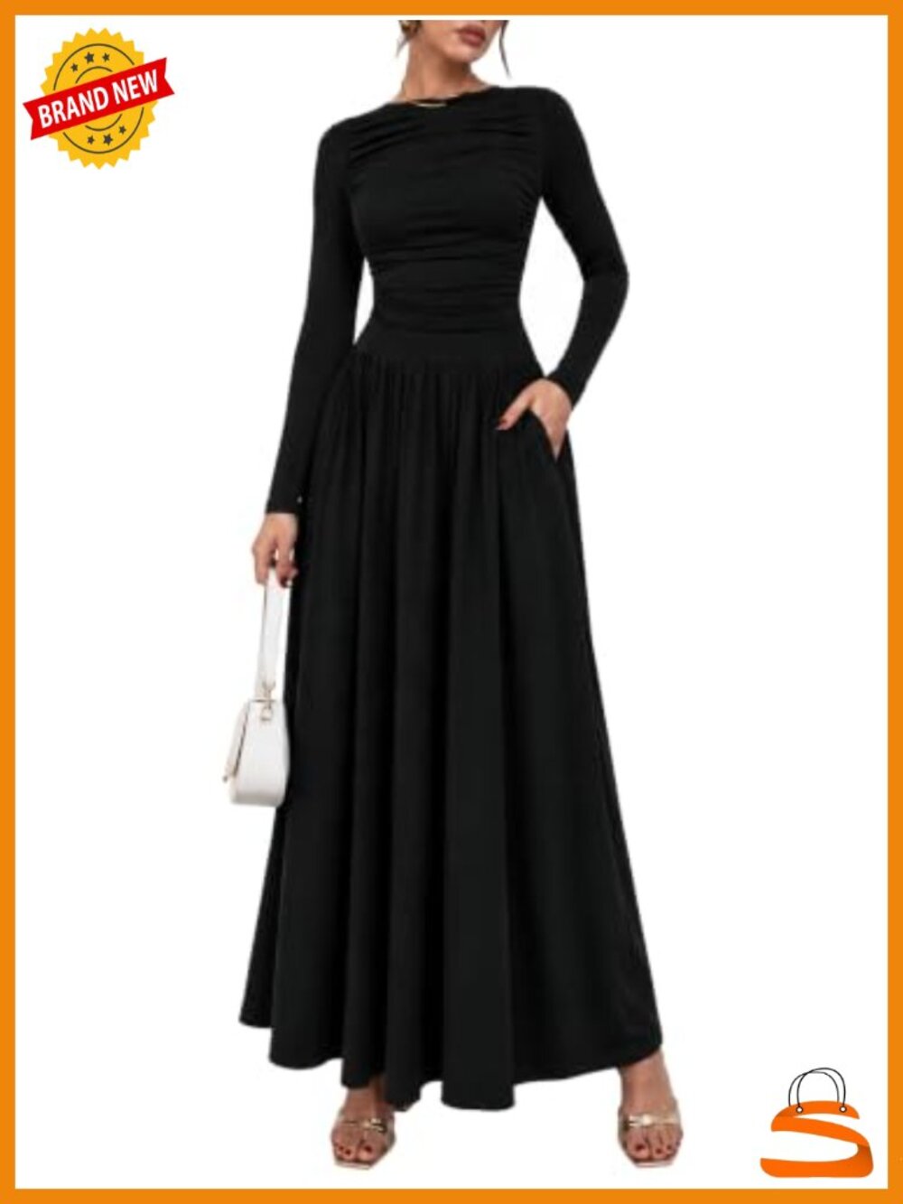 Long Sleeve Maxi Dress Ruched Slim Fit Round Neck Modest Formal